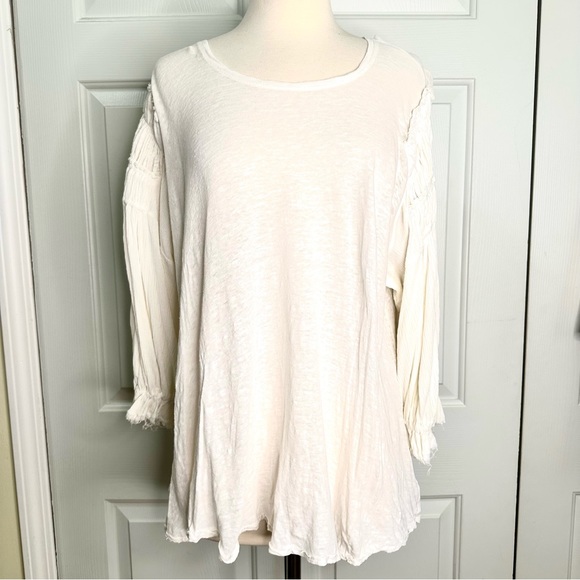 Free People Oversized Linen Cotton Blend Ruched Long Sleeves Top Sz Large - Picture 4 of 14
